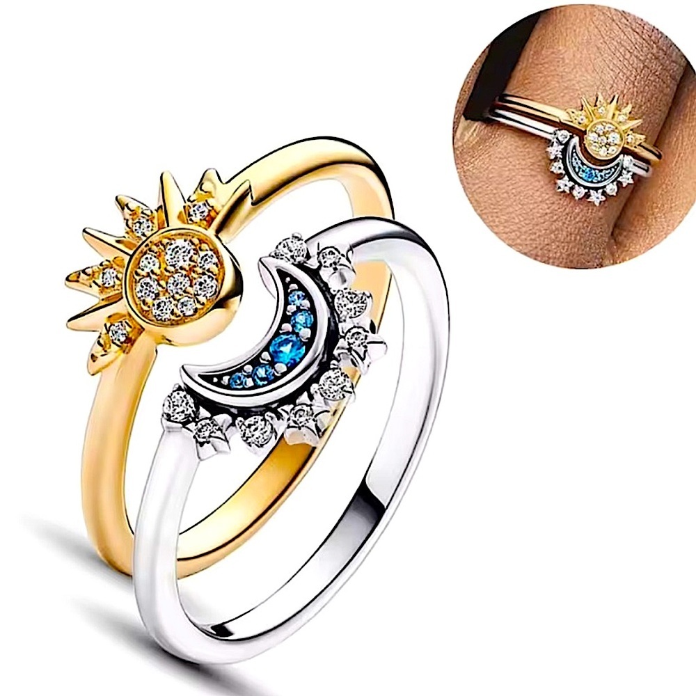 Silver Sun and Moon Promise Ring cubic Zirconia